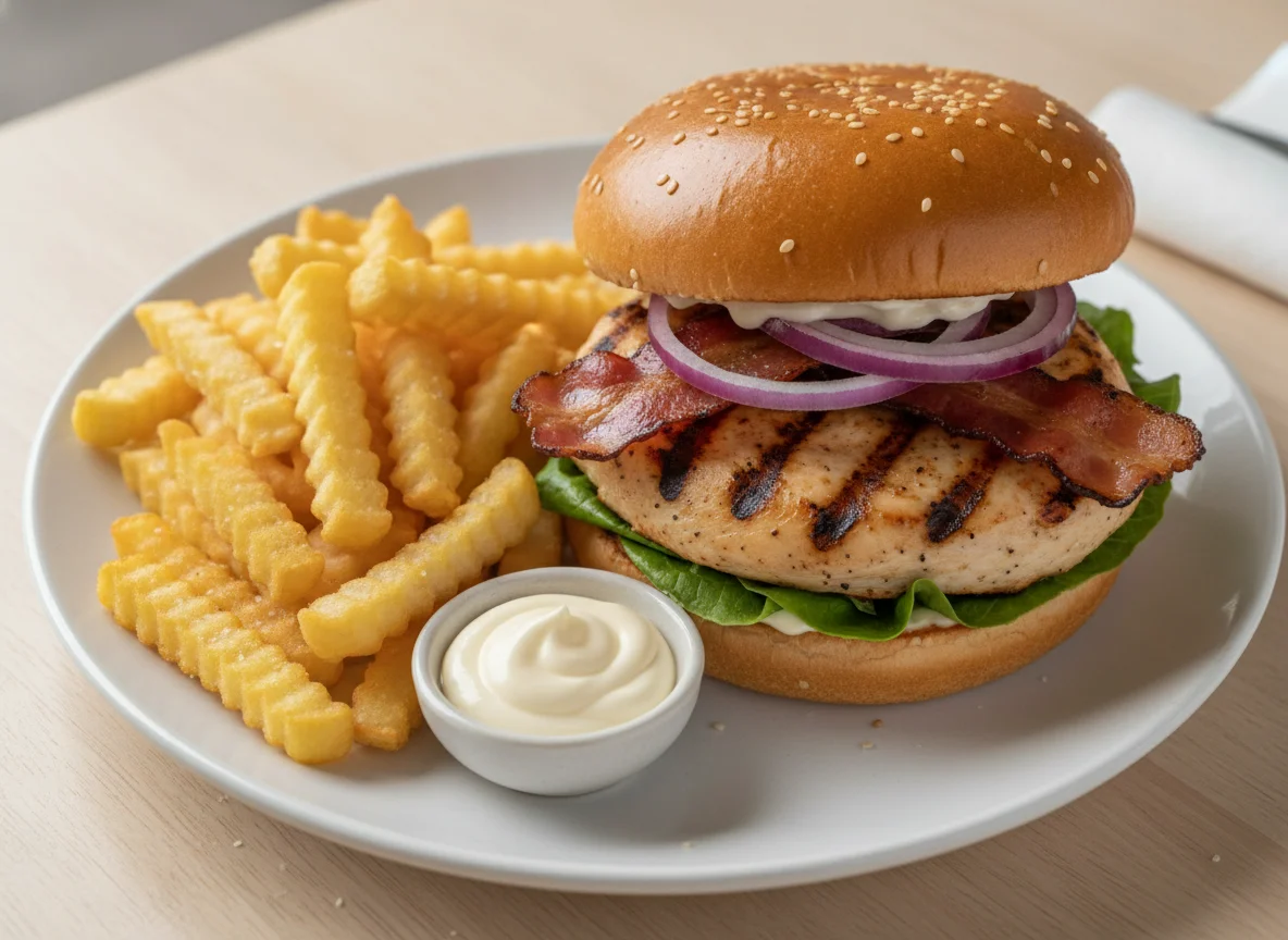Chicken Burger with French Fries and Mayonnaise photo