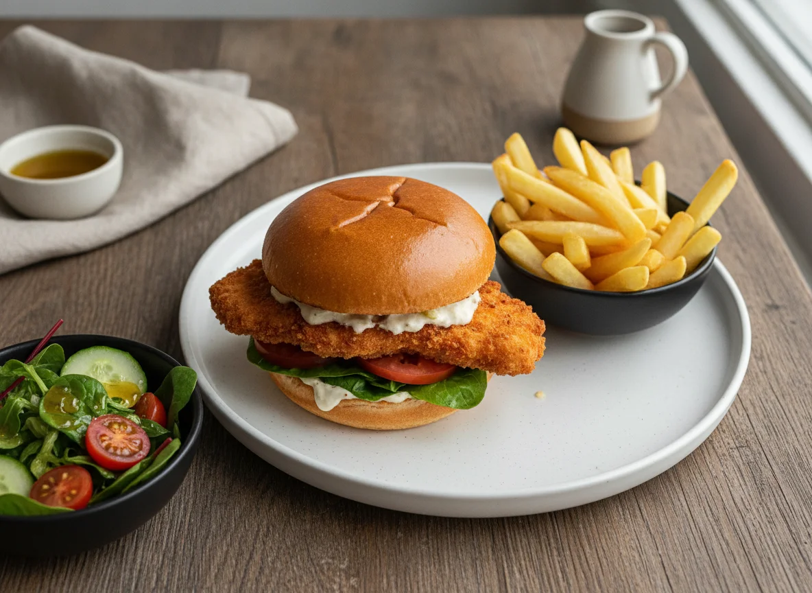 Chicken Burger with Fries and Side Salad photo