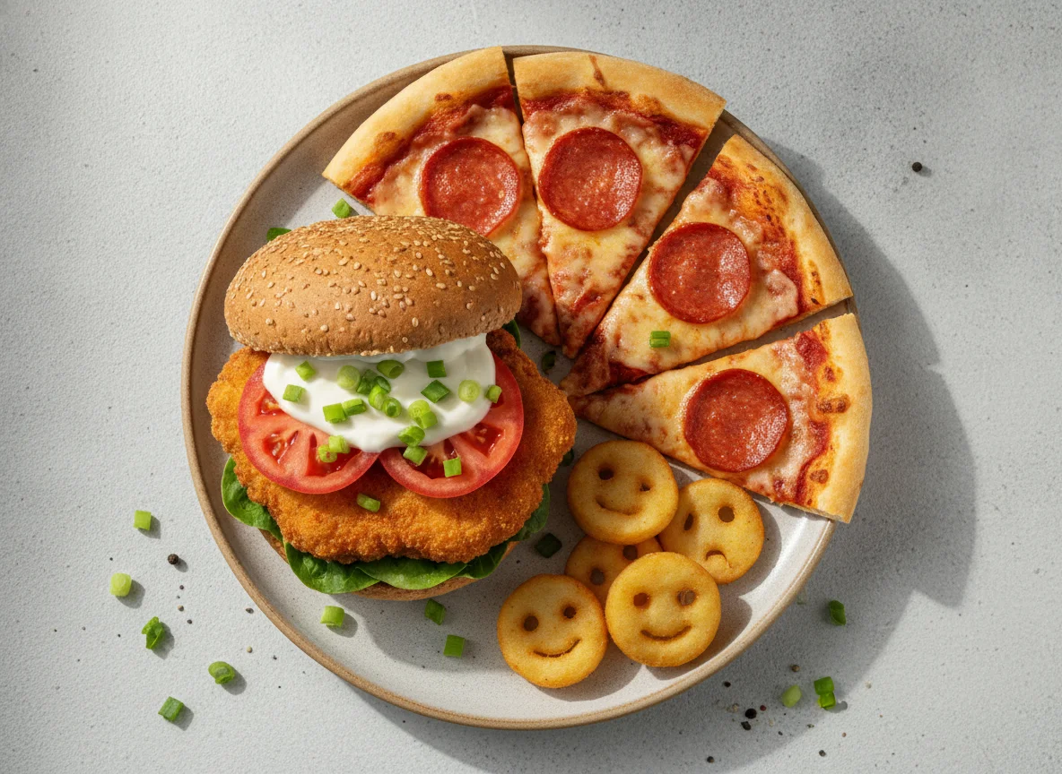 Chicken burger with pepperoni pizza and smiley face potatoes photo