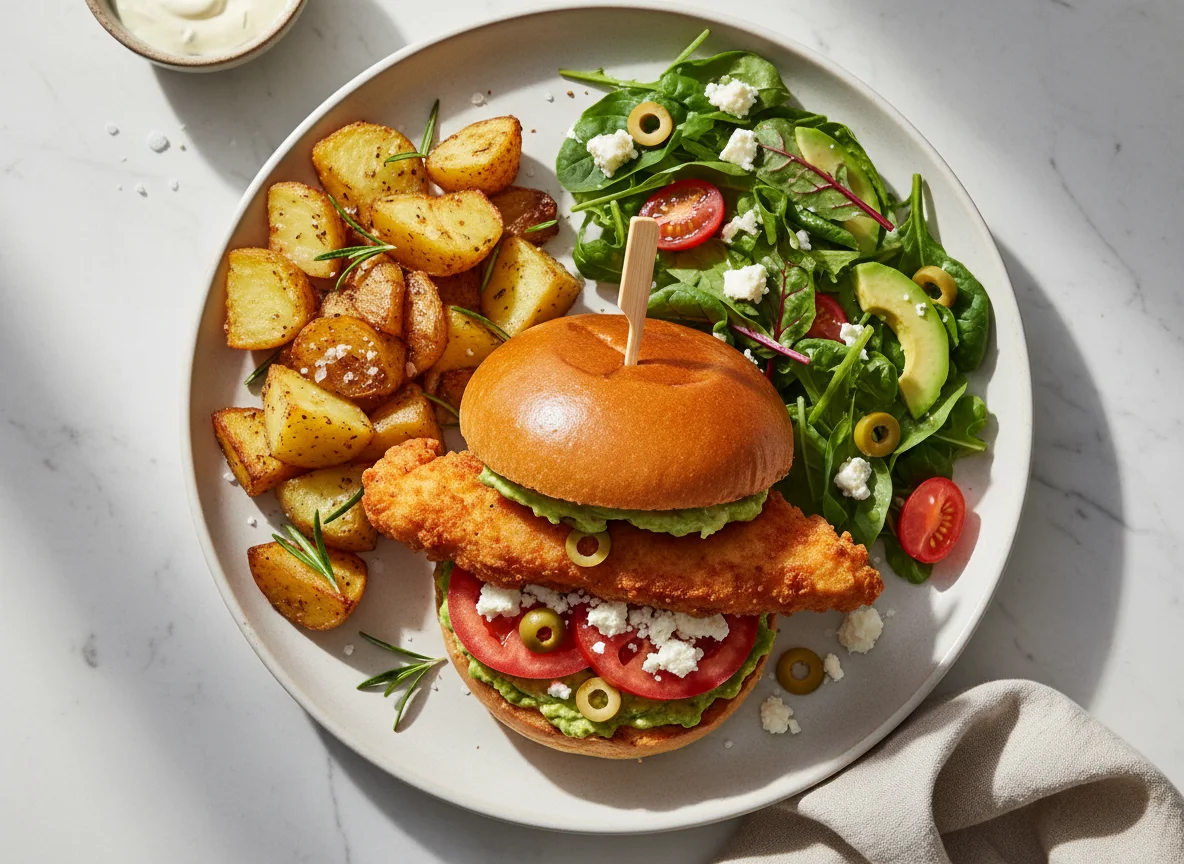 Chicken Burger with Roasted Potatoes and Salad photo