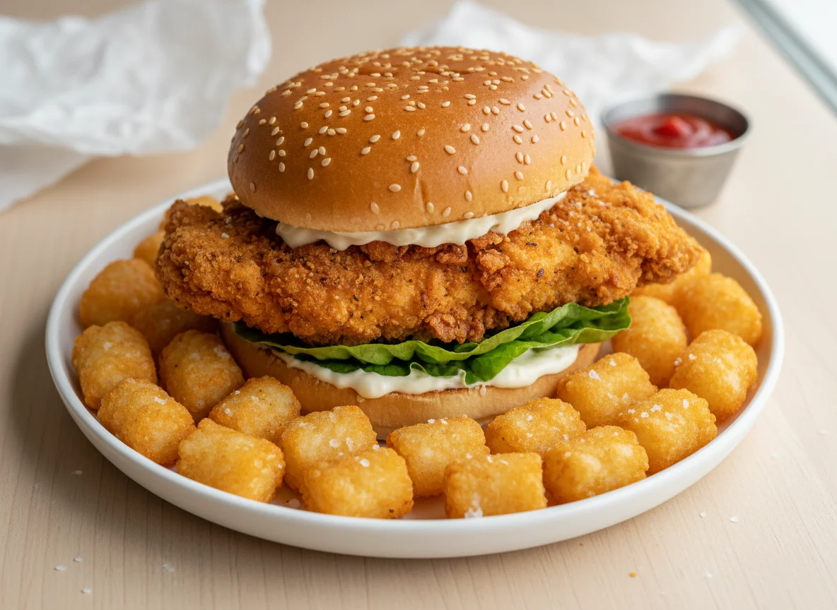 Chicken burger with tater tots photo