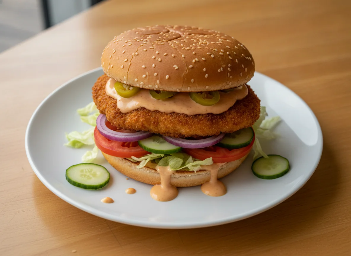 Chicken burger with vegetables and dressing photo