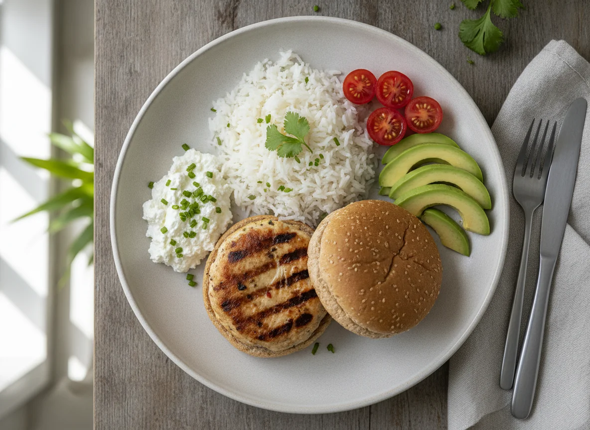 Chicken burgers with rice, avocado, and cottage cheese photo
