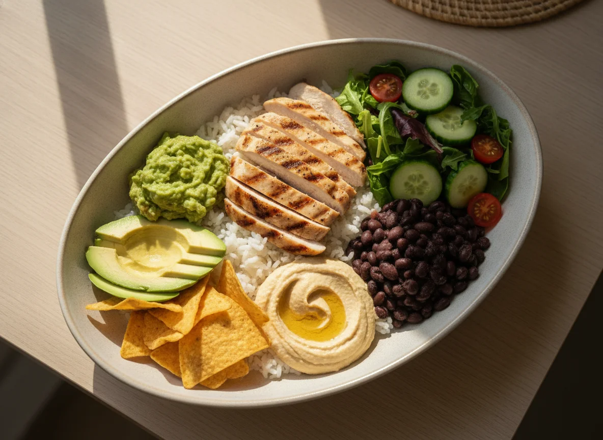 Chicken Burrito Bowl with Rice and Salad photo