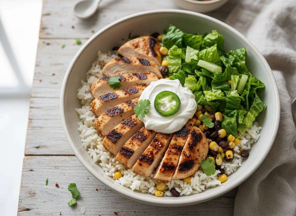 Chicken Burrito Bowl with Rice, Lettuce, and Sour Cream photo