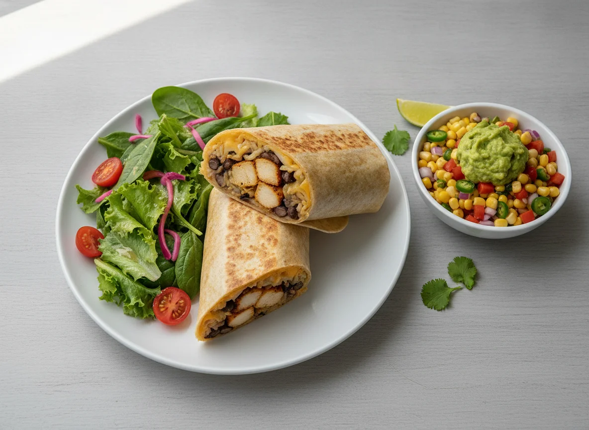 Chicken Burrito with Side Salad and Corn Salsa photo