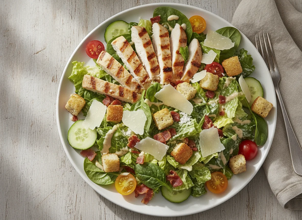 Chicken Caesar Salad with Bacon and Croutons photo
