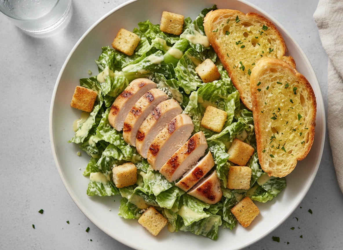 Chicken Caesar Salad with Garlic Bread photo