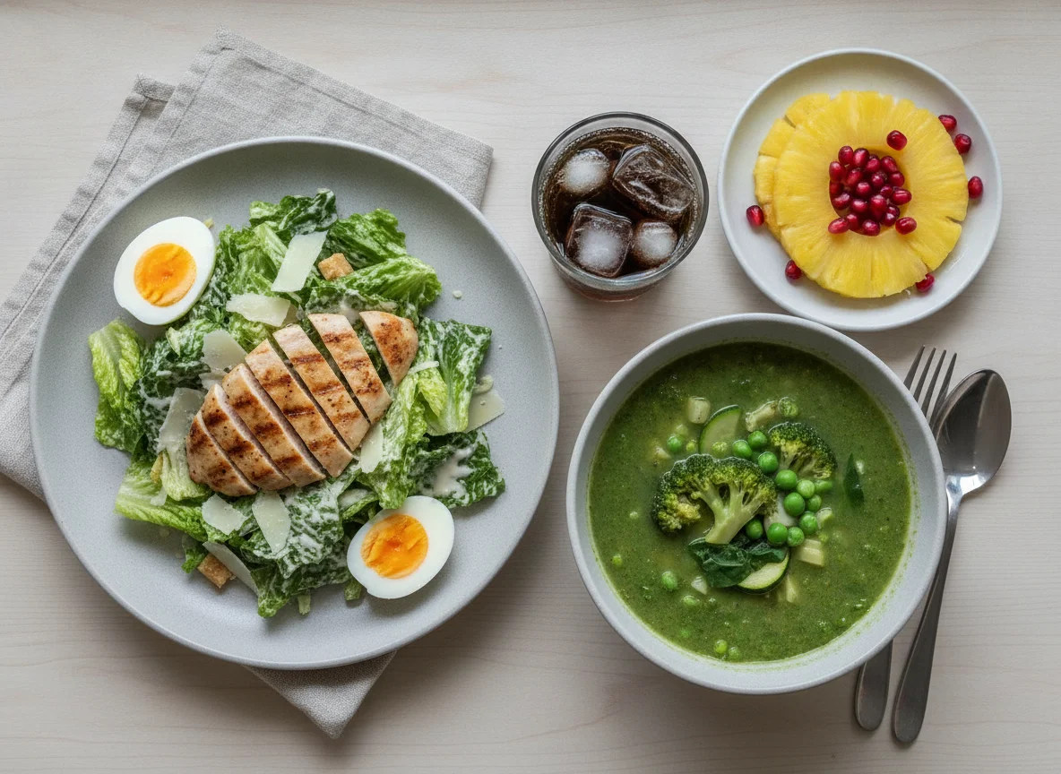 Chicken Caesar Salad with Vegetable Soup and Fruit photo