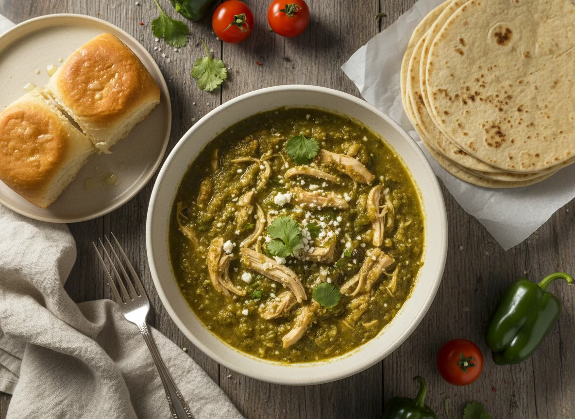 Chicken Chili Verde with Buns and Tortilla photo