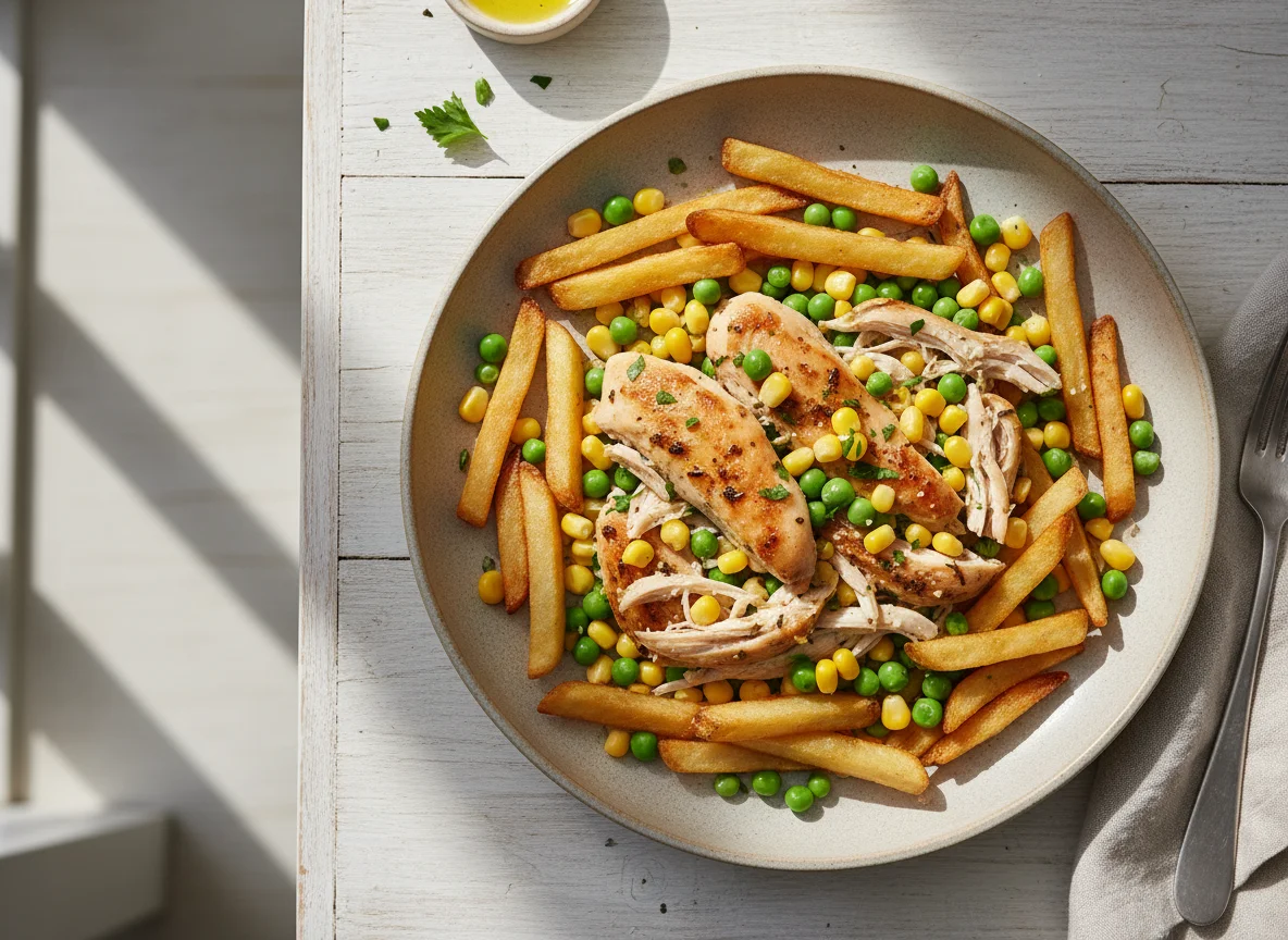 Chicken, Chips and Mixed Vegetables photo