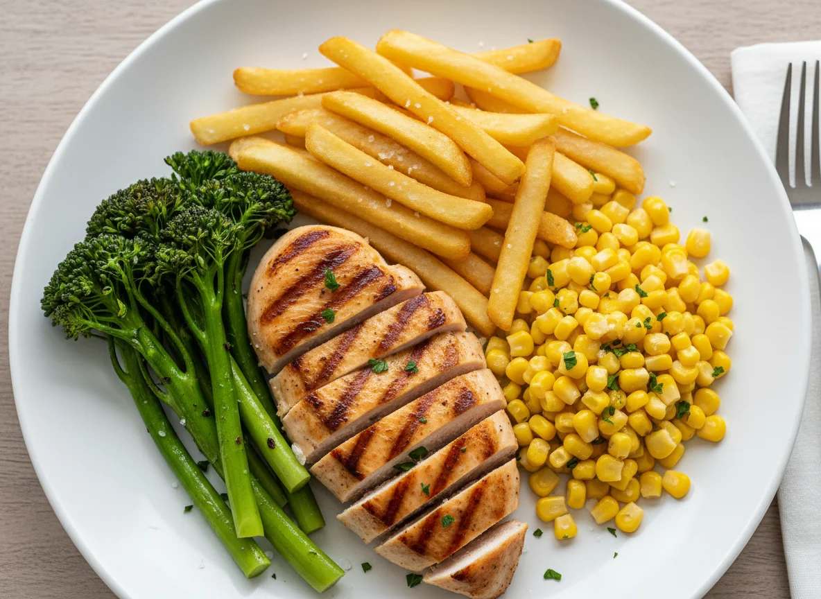 Chicken, Chips, Broccoli and Sweetcorn photo