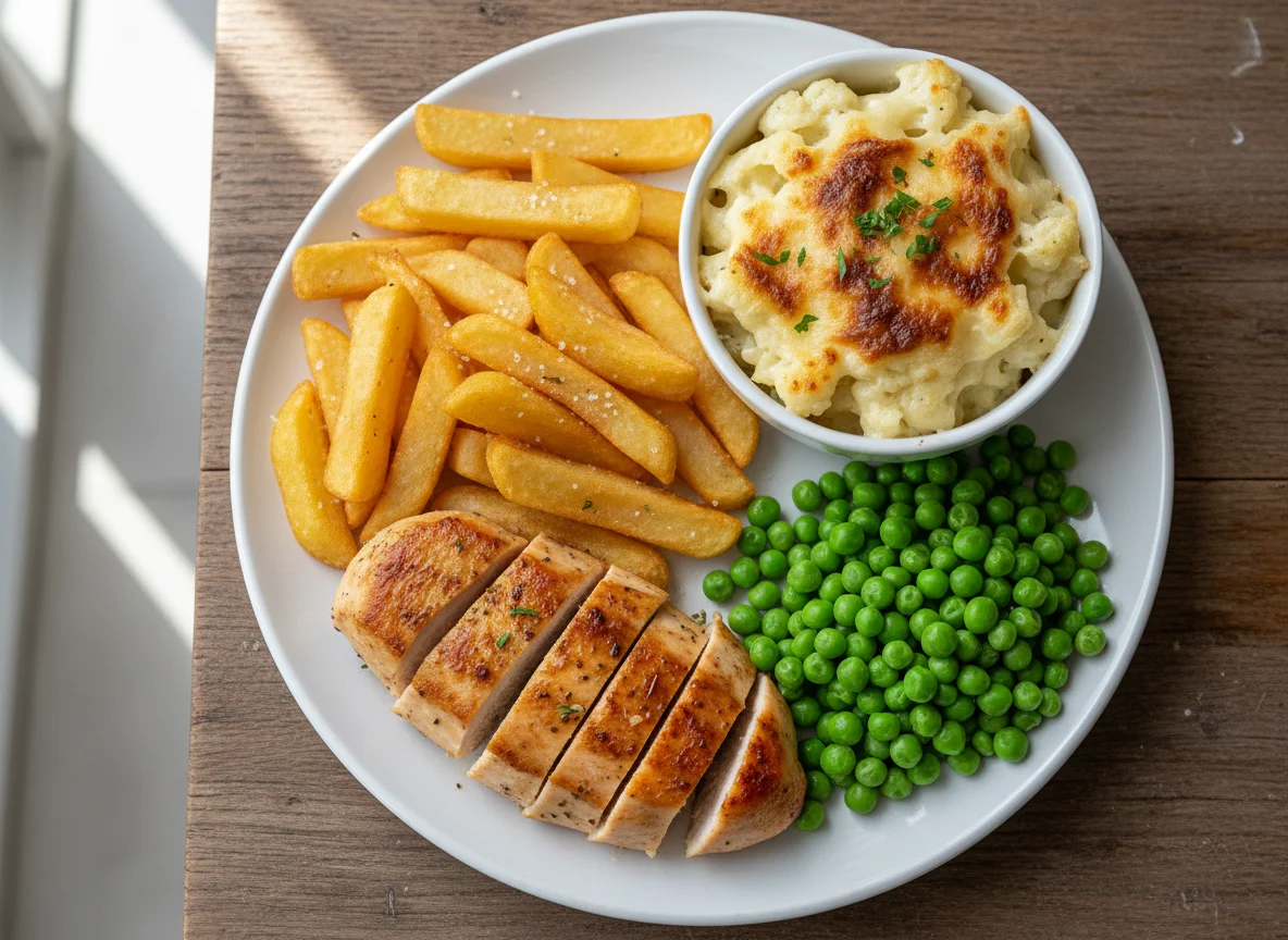 Chicken, Chips, Cauliflower Cheese and Peas photo