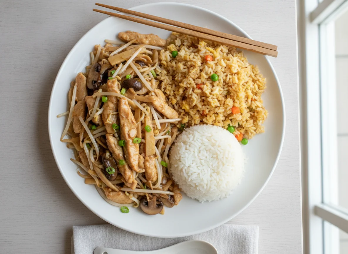 Chicken Chop Suey with Fried and Steamed Rice photo