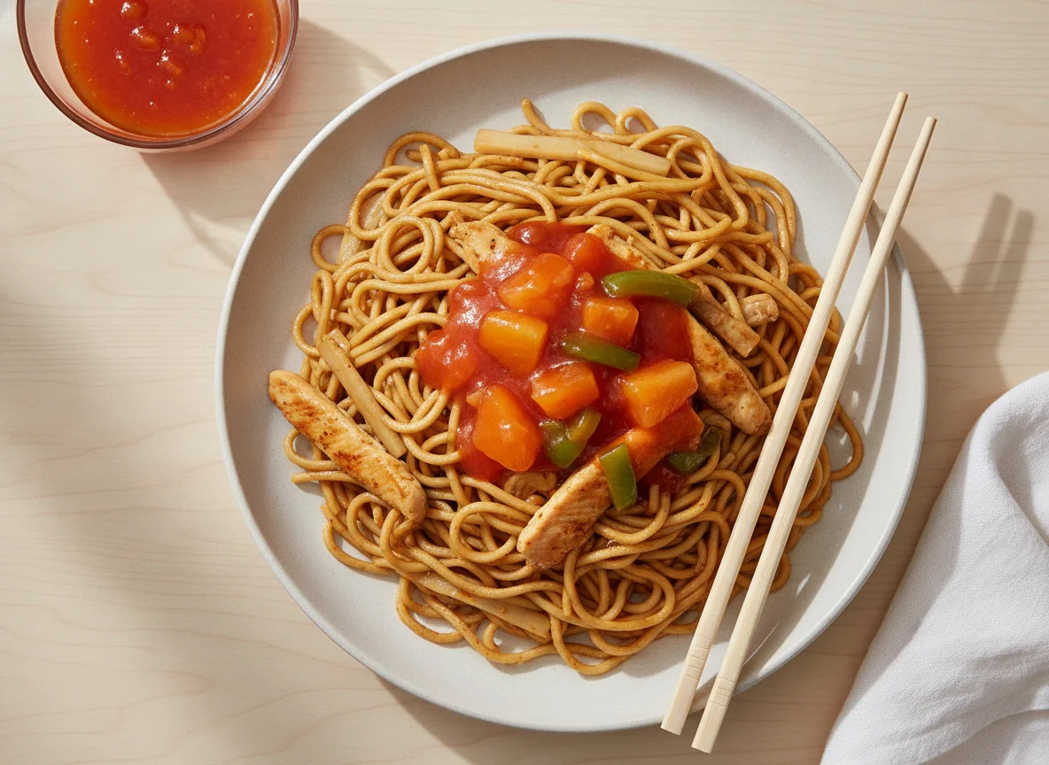 Chicken Chow Mein with Sweet and Sour Sauce photo