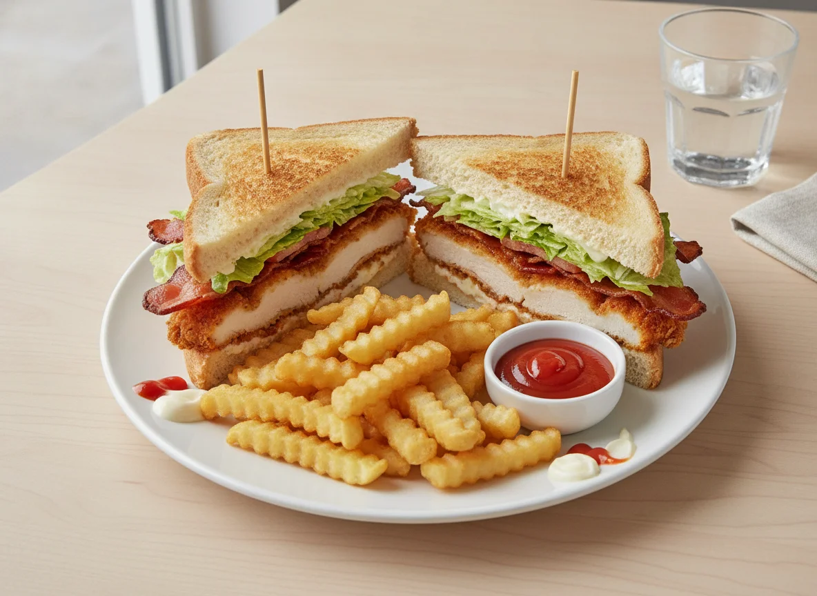 Chicken Club Sandwich with French Fries photo
