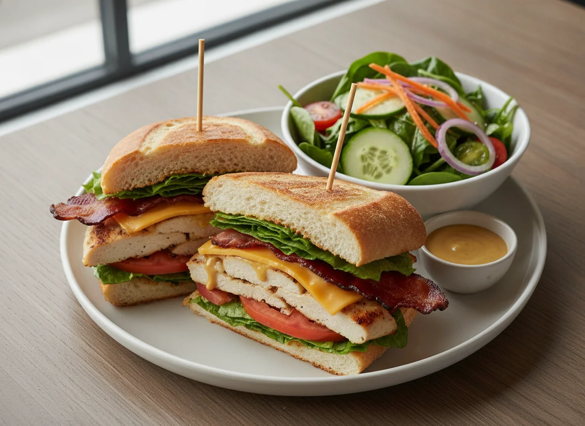Chicken Club Sandwich with Side Salad and Honey Mustard photo