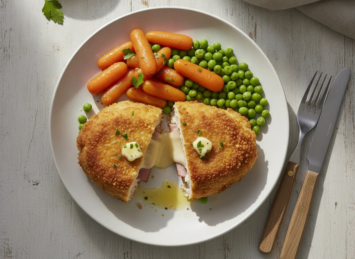 Chicken Cordon Bleu with Glazed Carrots and Peas photo
