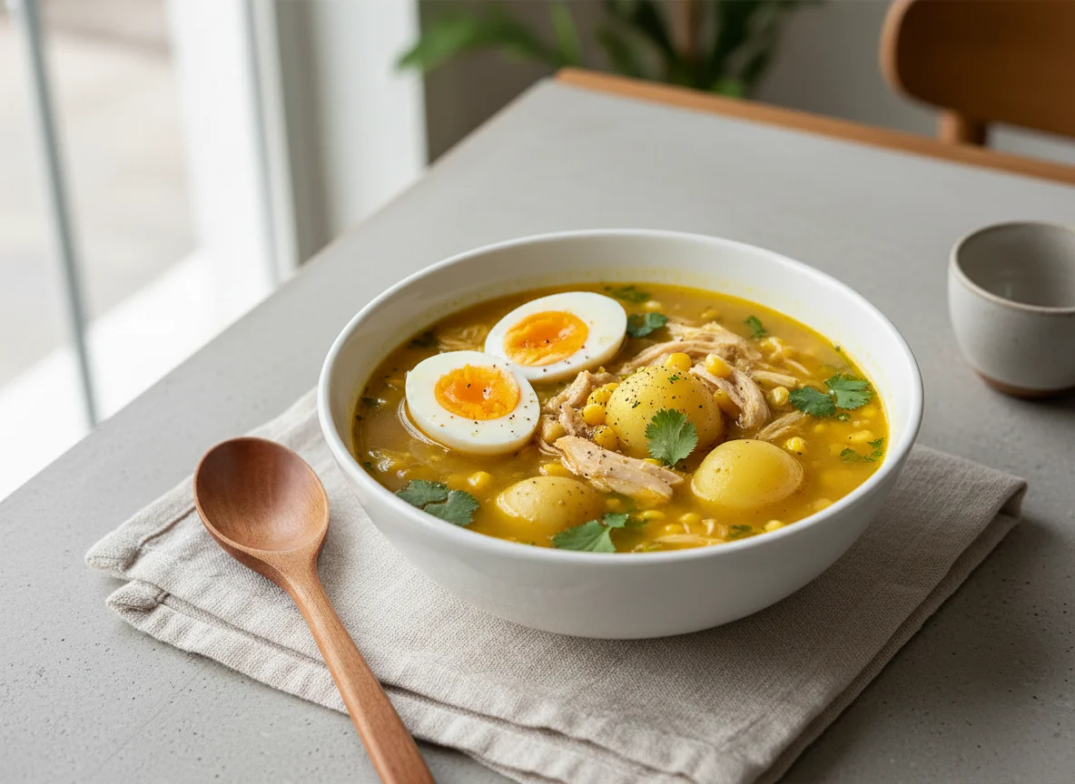 Chicken Corn Soup with Boiled Potatoes and Eggs photo