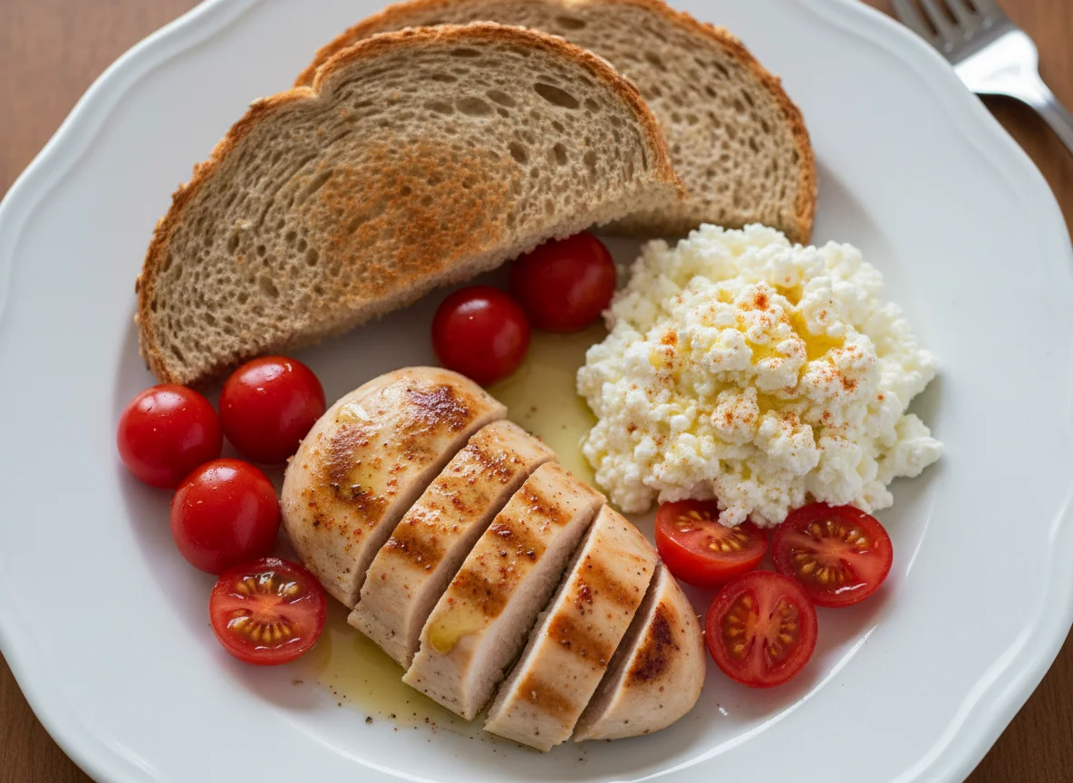 Chicken, Cottage Cheese, Bread and Tomatoes photo