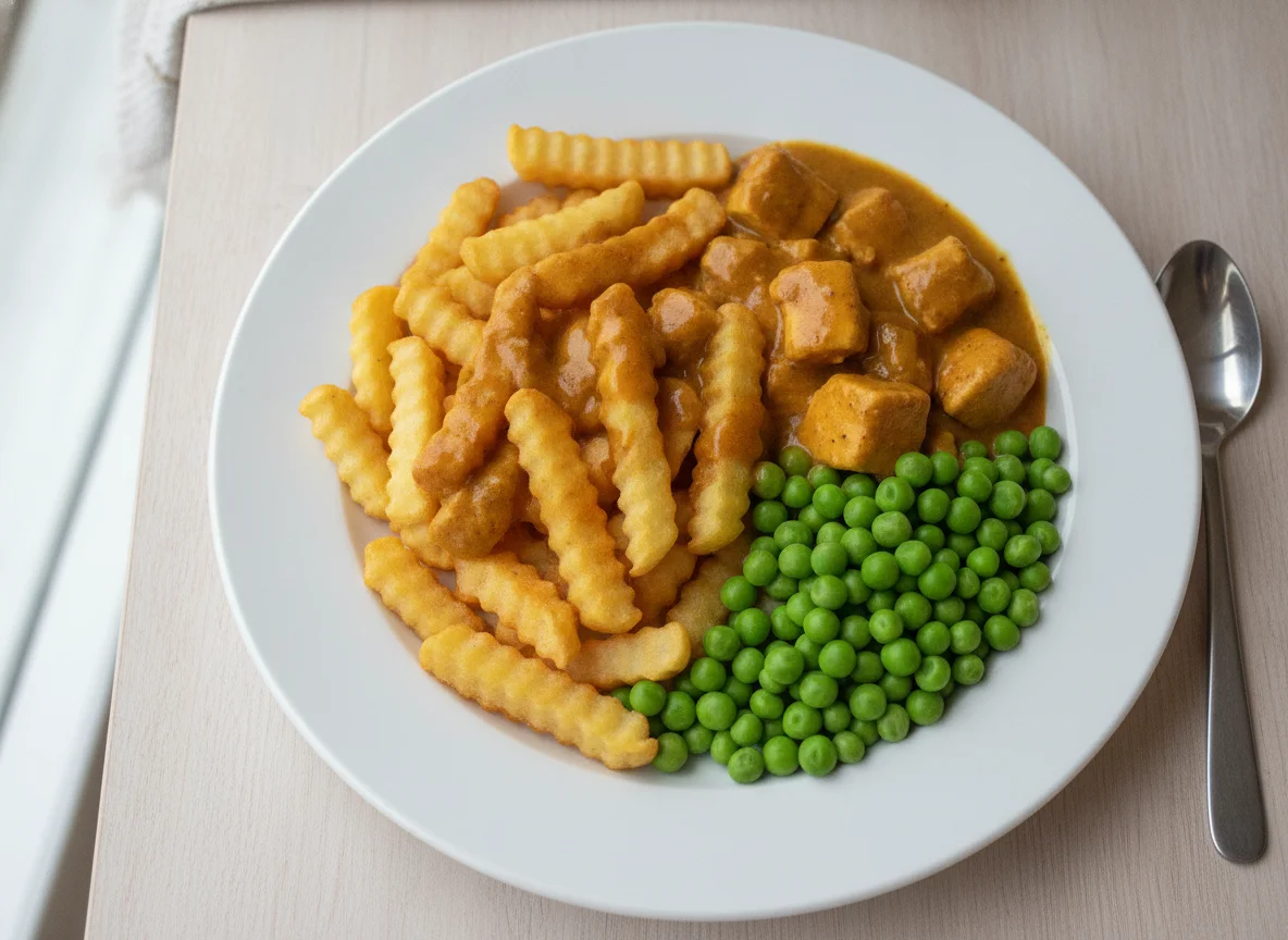 Chicken Curry and Chips with Peas photo