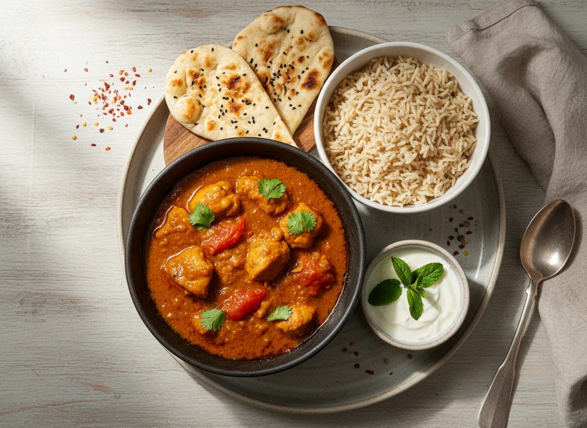 Chicken Curry Bowl with Rice and Naan photo