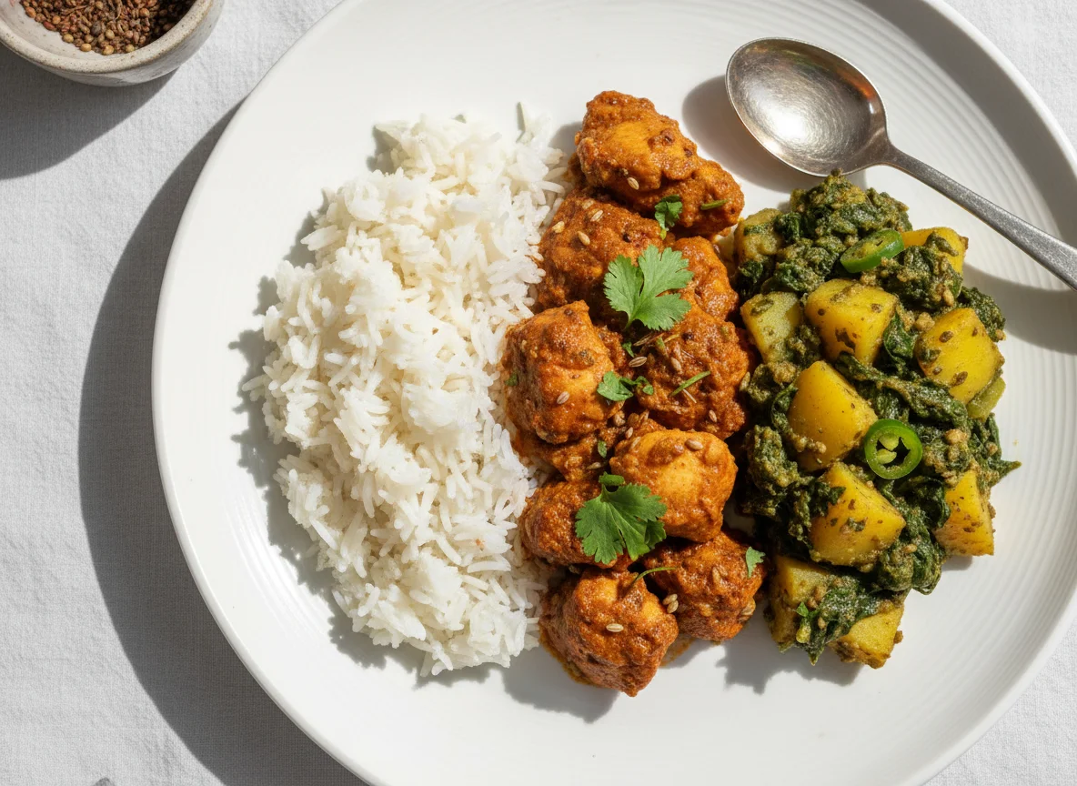 Chicken Curry, Spinach and Potato Curry with Rice photo