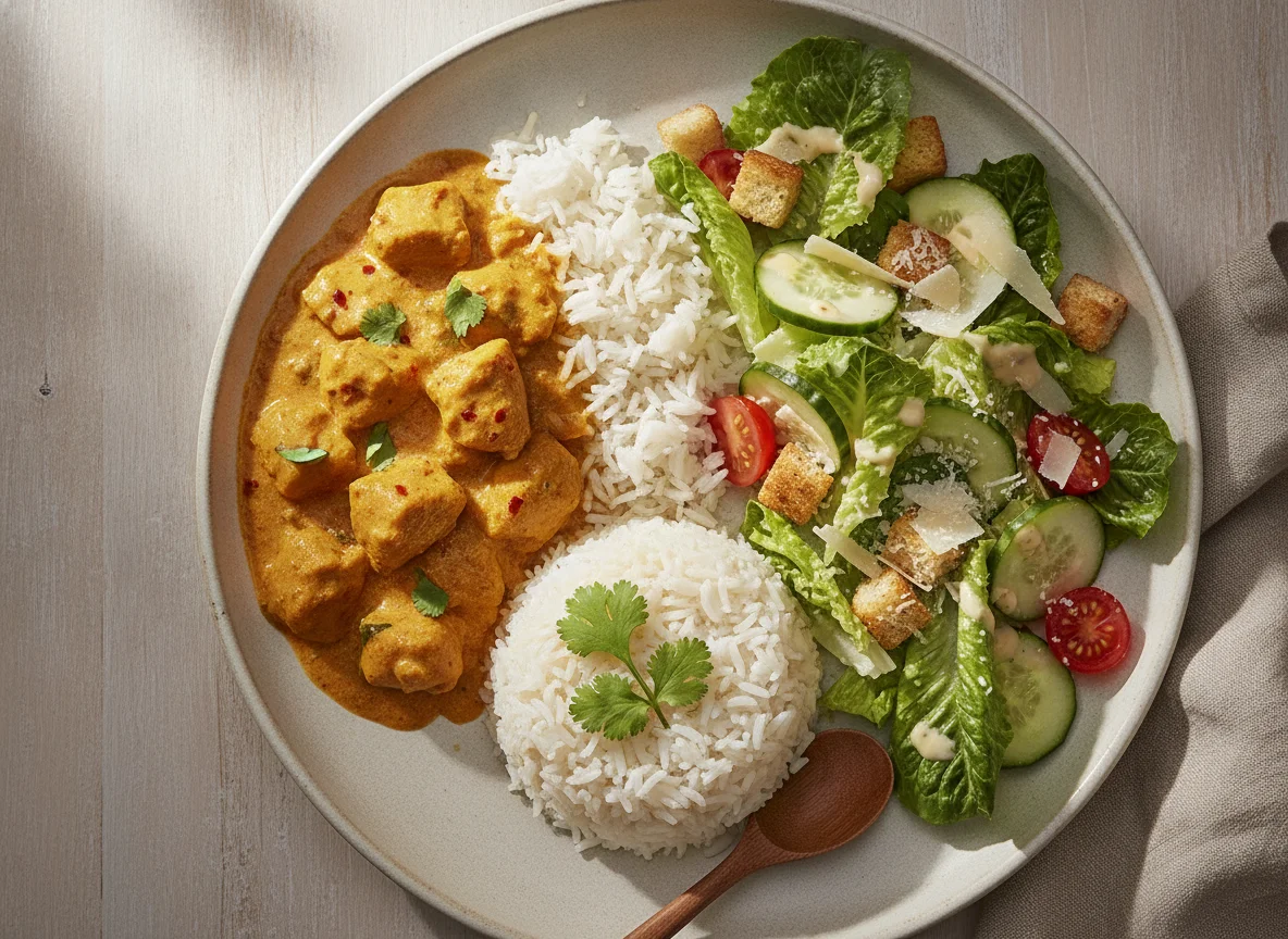 Chicken Curry with Basmati Rice and Caesar Salad photo