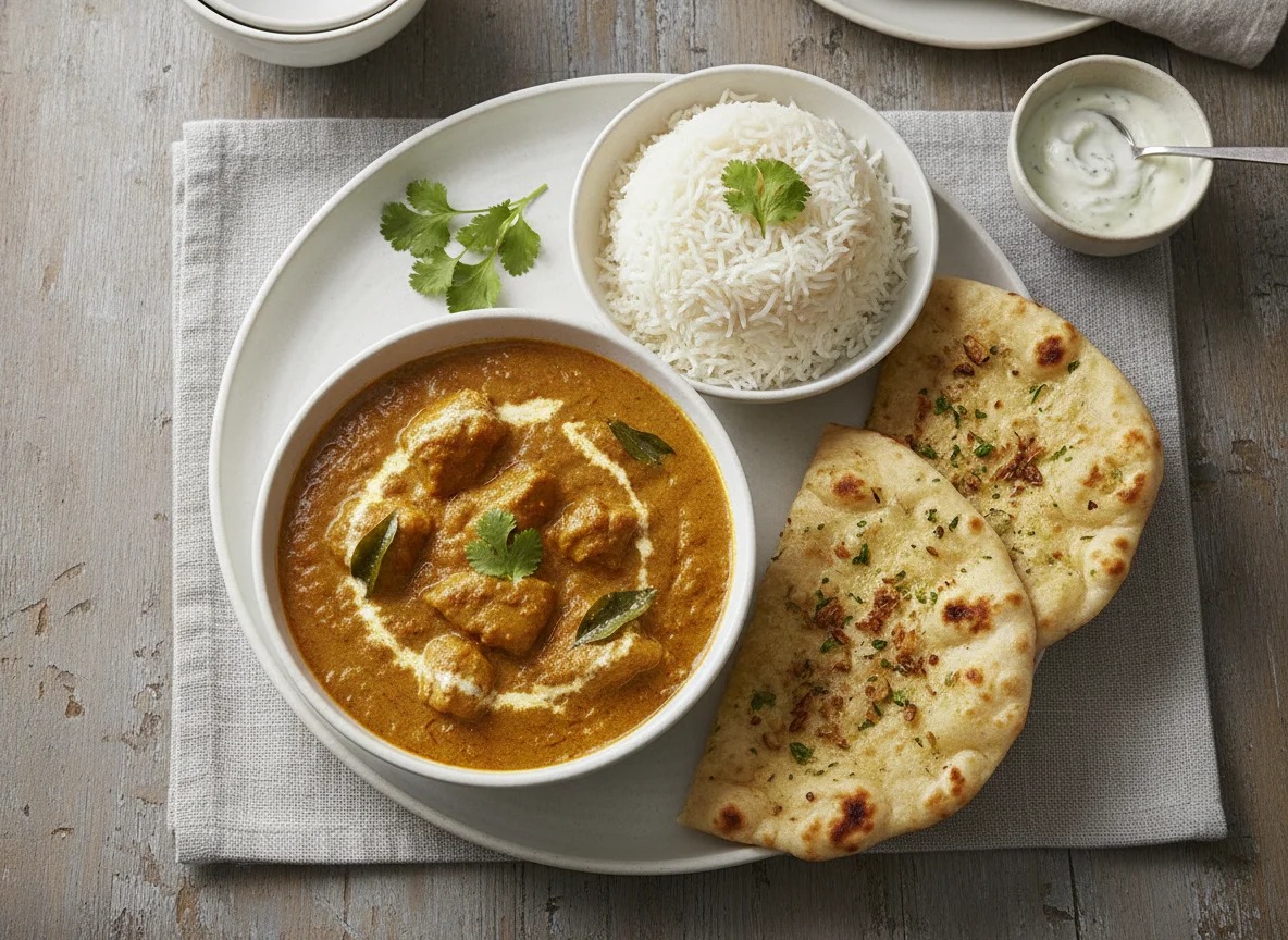 Chicken Curry with Basmati Rice and Garlic Naan photo
