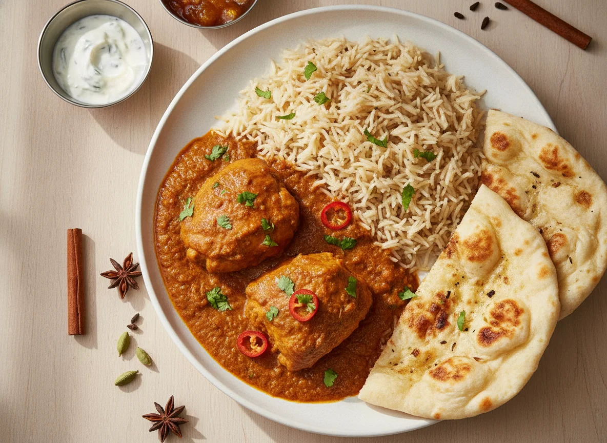 Chicken Curry with Basmati Rice and Naan Bread photo