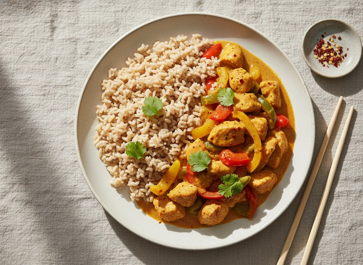 Chicken Curry with Brown Rice and Peppers photo