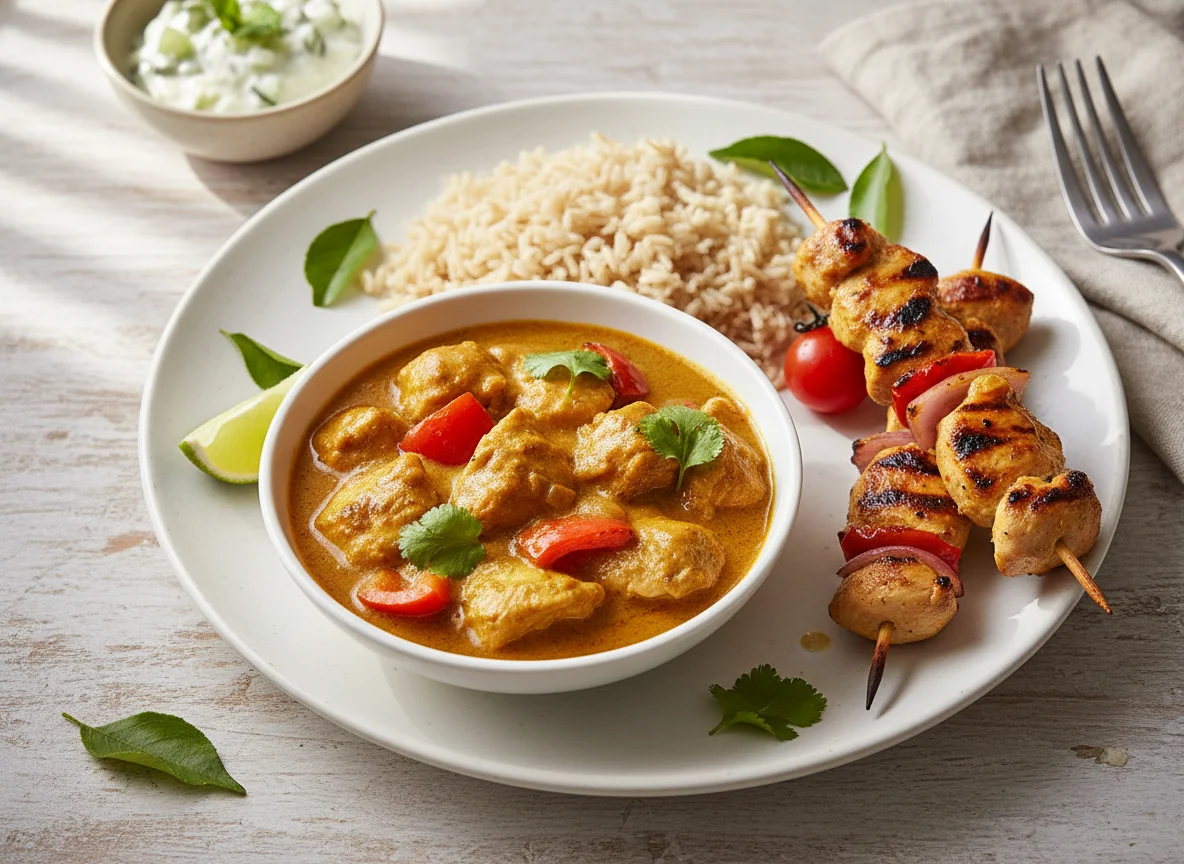 Chicken Curry with Brown Rice and Skewers photo