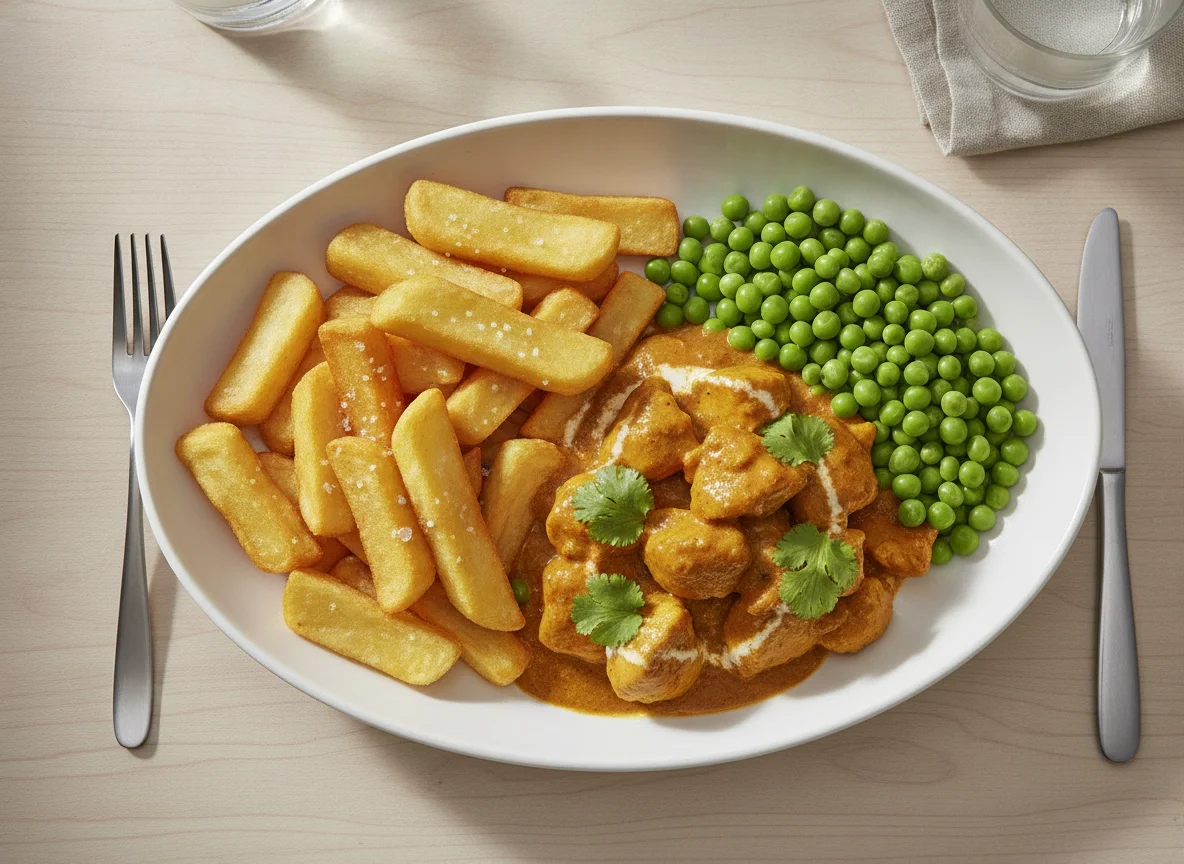 Chicken Curry with Chips and Peas photo