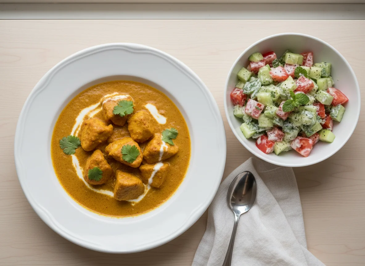 Chicken Curry with Cucumber and Tomato Salad photo