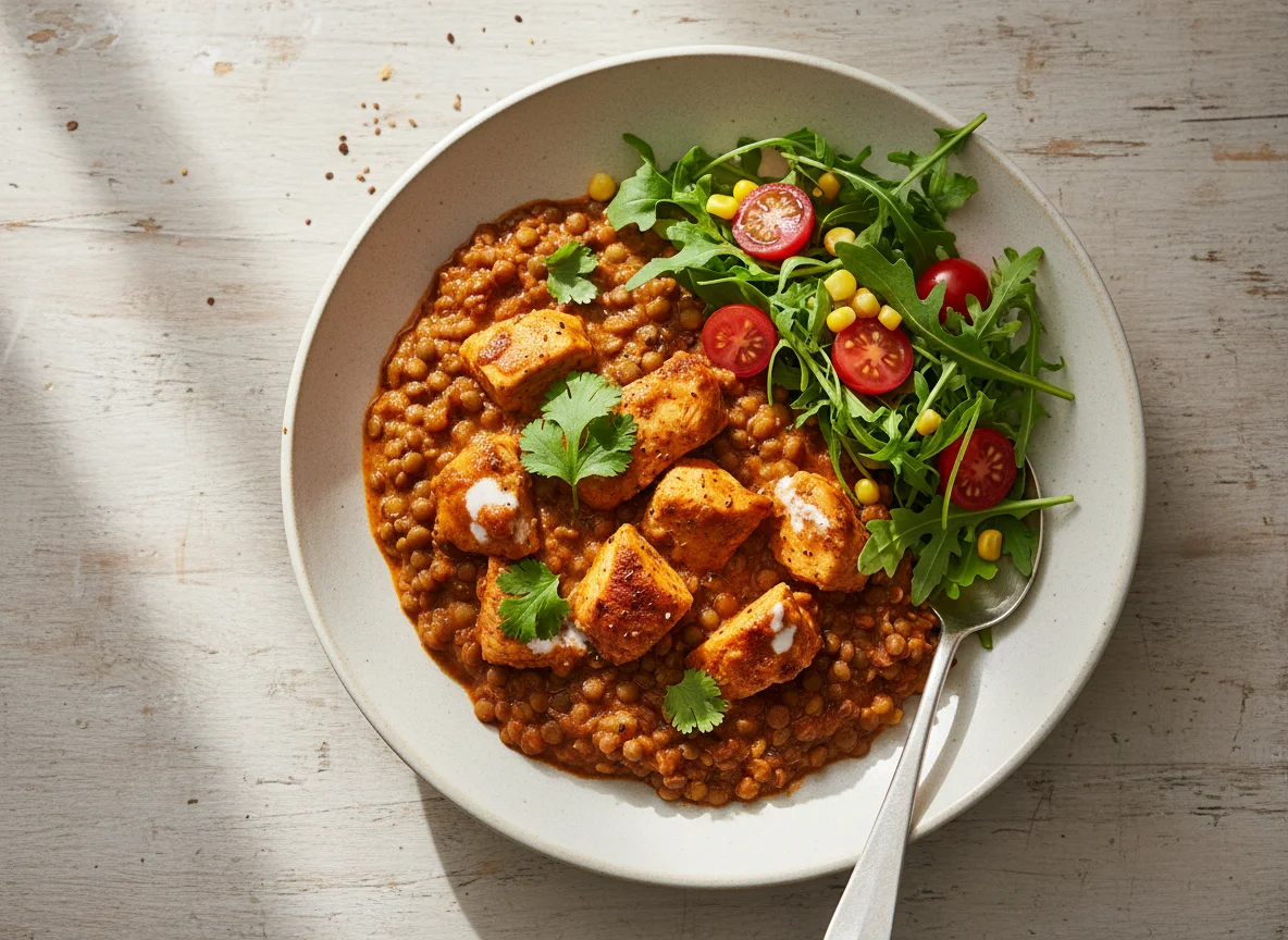 Chicken Curry with Lentils and Rocket Salad photo