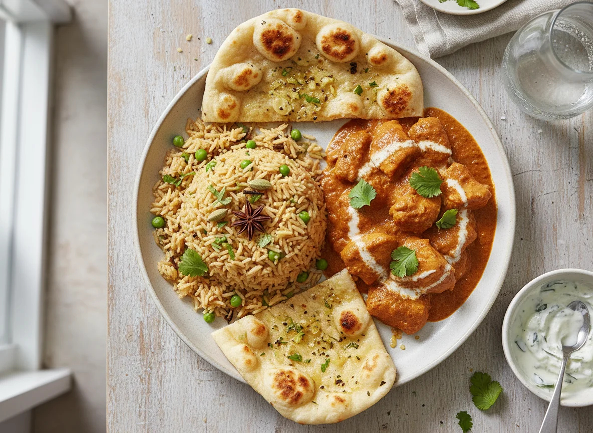 Chicken Curry with Pilau Rice and Garlic Naan photo