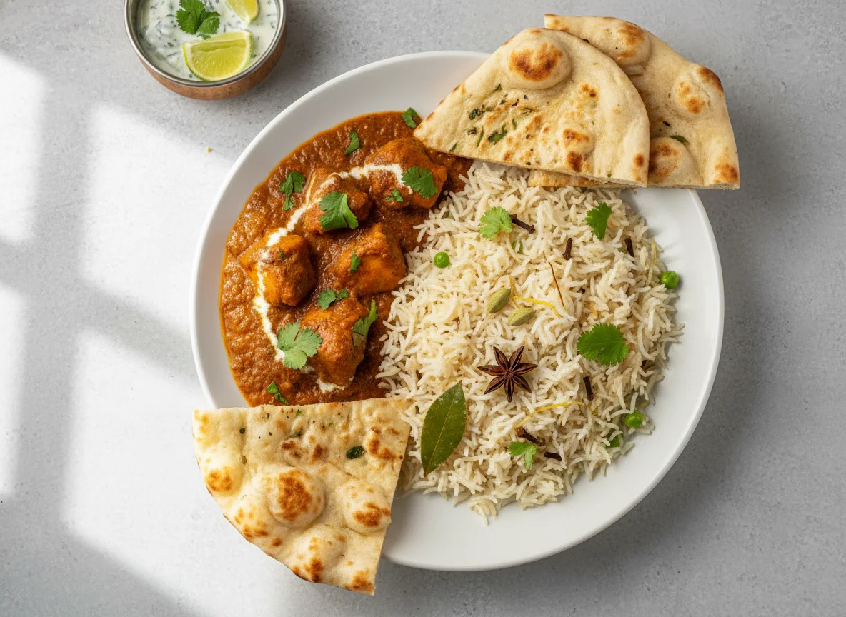 Chicken Curry with Pilau Rice and Naan Bread photo