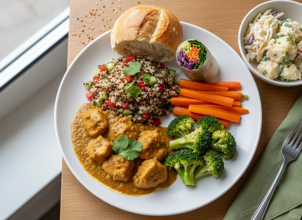 Chicken Curry with Quinoa, Vegetables and Salad Roll photo