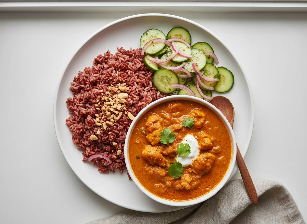 Chicken Curry with Red Rice and Cucumber Salad photo