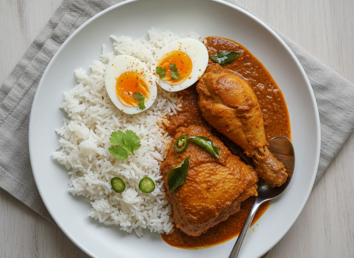 Chicken Curry with Rice and Boiled Egg photo