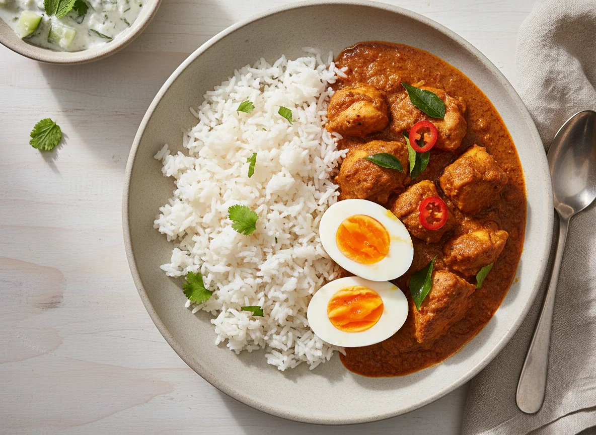 Chicken Curry with Rice and Boiled Eggs photo