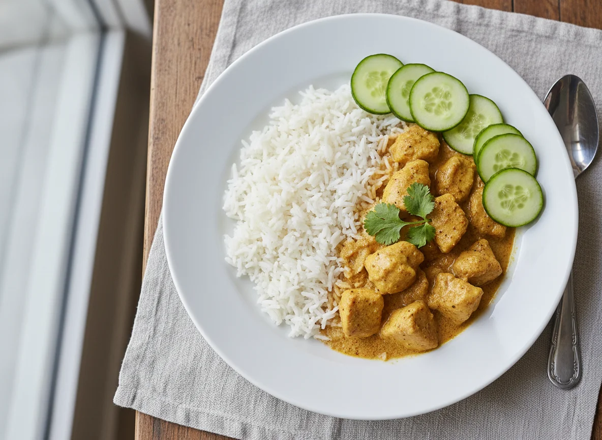 Chicken Curry with Rice and Cucumber photo