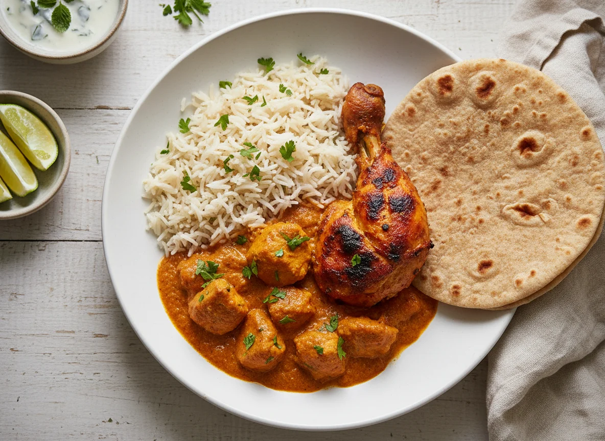Chicken Curry with Rice and Flatbread photo