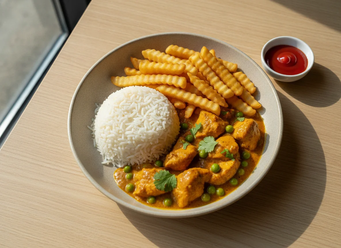 Chicken Curry with Rice and French Fries photo