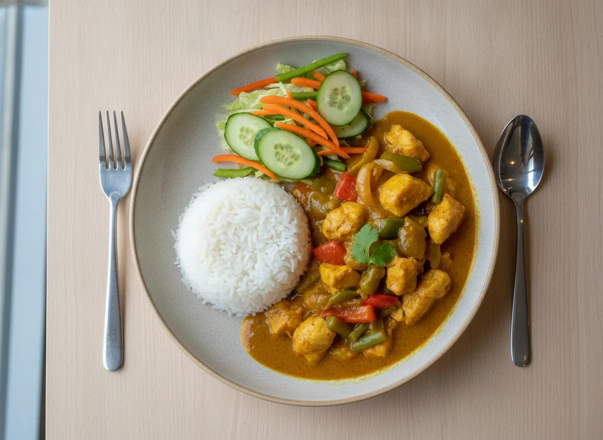 Chicken Curry with Rice and Fresh Salad photo