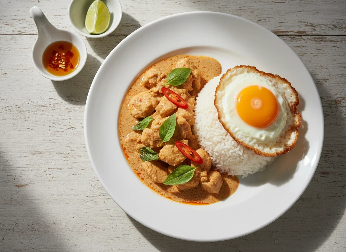Chicken Curry with Rice and Fried Egg photo