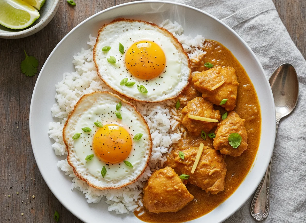 Chicken Curry with Rice and Fried Eggs photo