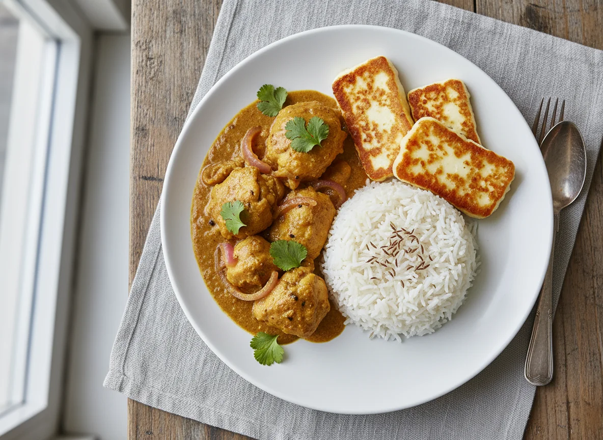 Chicken Curry with Rice and Fried Halloumi photo
