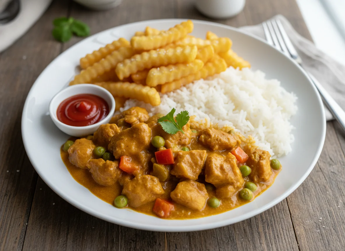 Chicken Curry with Rice and Fries photo