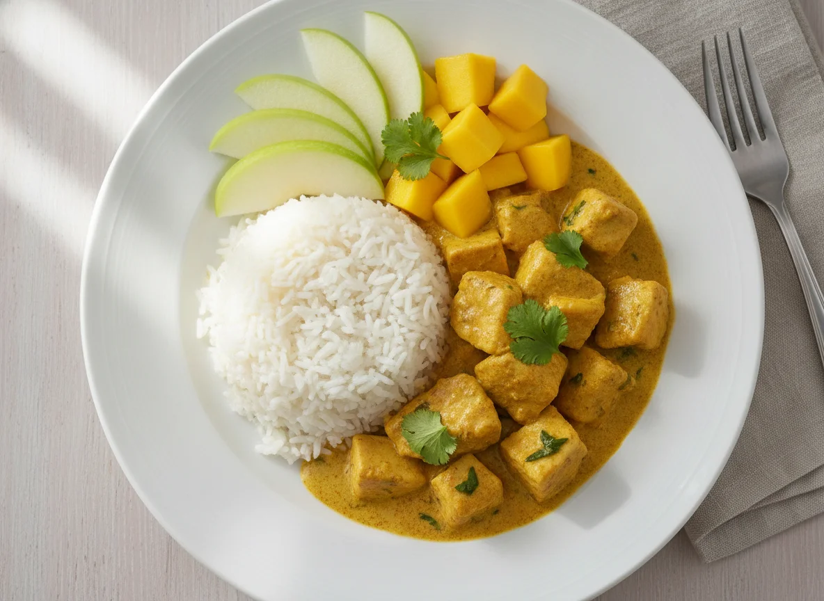 Chicken Curry with Rice and Fruit photo